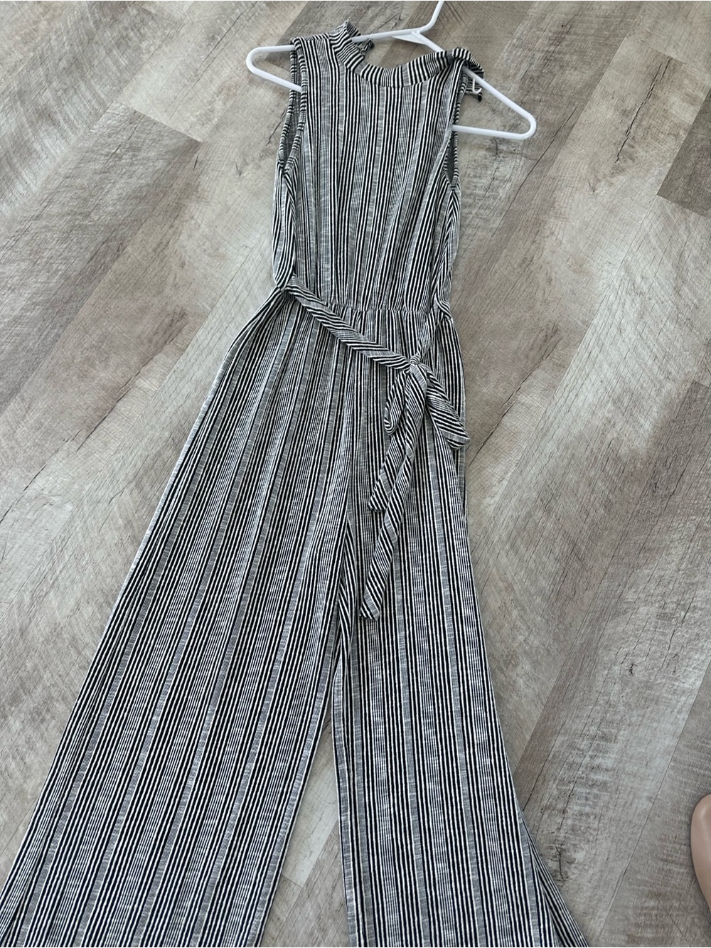 Black & White Vertical-Stripe Tie-Waist Wide-Leg Jumpsuit